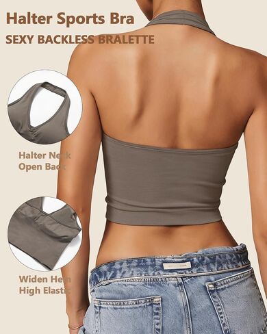 Halter Longline Sports Bras - Low Impact Open Back Bras Padded Workout Crop Tank with Built in Bra in Kuwait