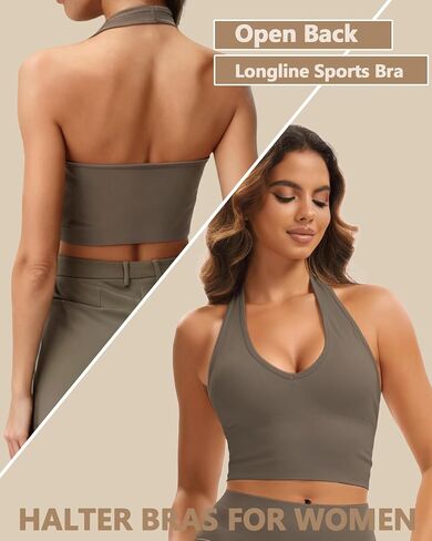 Halter Longline Sports Bras - Low Impact Open Back Bras Padded Workout Crop Tank with Built in Bra in Kuwait