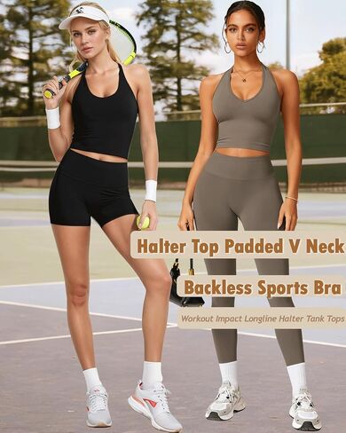 Halter Longline Sports Bras - Low Impact Open Back Bras Padded Workout Crop Tank with Built in Bra in Kuwait