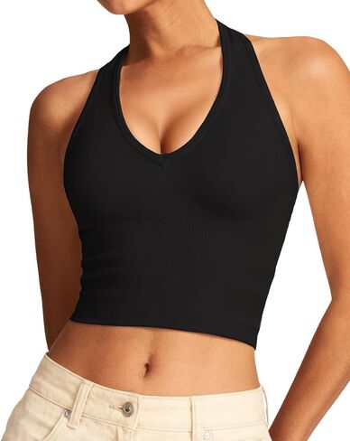 Halter Longline Sports Bras - Low Impact Open Back Bras Padded Workout Crop Tank with Built in Bra in Kuwait