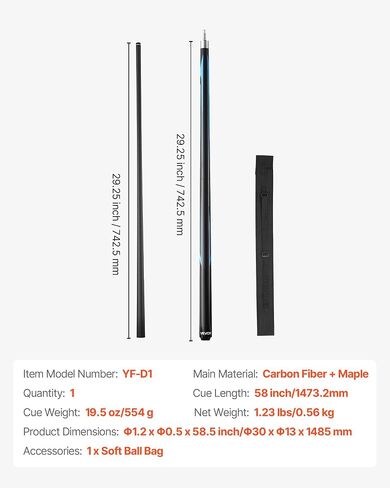 VEVOR Pool Cue، قطعة واحدة من عصا استراحة القفز، 58 بوصة و19.5 أونصة عصا حمام السباحة، عصا كسر مع عمود من ألياف الكربون وعقب عصا القيقب، فواصل ضارب ثقيلة قفز البلياردو للبالغين، المنزل، المكتب in Saudi Arabia