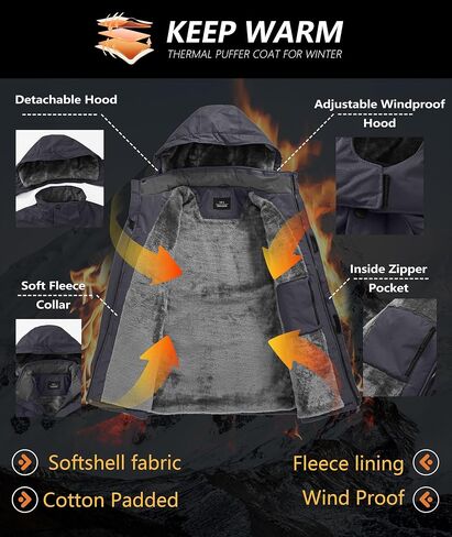 Mens Winter Jackets Waterproof Warm Fleece Ski Jacket with Hood Thermal Windproof Coat Zip Pockets in Saudi Arabia