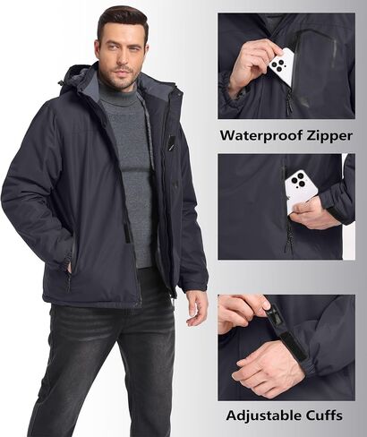 Mens Winter Jackets Waterproof Warm Fleece Ski Jacket with Hood Thermal Windproof Coat Zip Pockets in Saudi Arabia