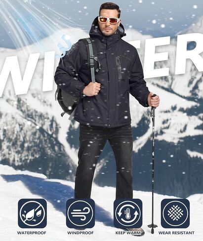 Mens Winter Jackets Waterproof Warm Fleece Ski Jacket with Hood Thermal Windproof Coat Zip Pockets in Saudi Arabia