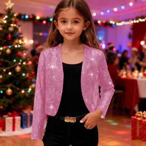 Sequin Jacket for Girls Long Sleeve Open Front Cardigan Shrug Girl Bolero Party Sparkly Cropped Jackets Coat in Saudi Arabia