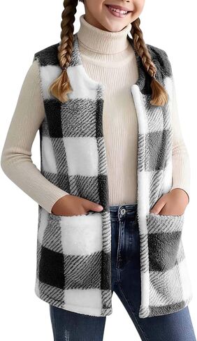 سترة منقوشة للفتيات سترة صوف بدون أكمام مع جيوب كاجوال بمربعات معاطف عصرية للأطفال ملابس شتوية خفيفة الوزن in Kuwait