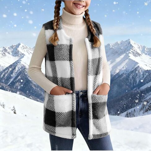 سترة منقوشة للفتيات سترة صوف بدون أكمام مع جيوب كاجوال بمربعات معاطف عصرية للأطفال ملابس شتوية خفيفة الوزن in Kuwait