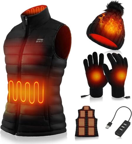 3 Pcs Women Heated Vest Hat and Gloves Set, Electric Rechargeable Warmer Beanie Jacket, Battery Not Included in Saudi Arabia