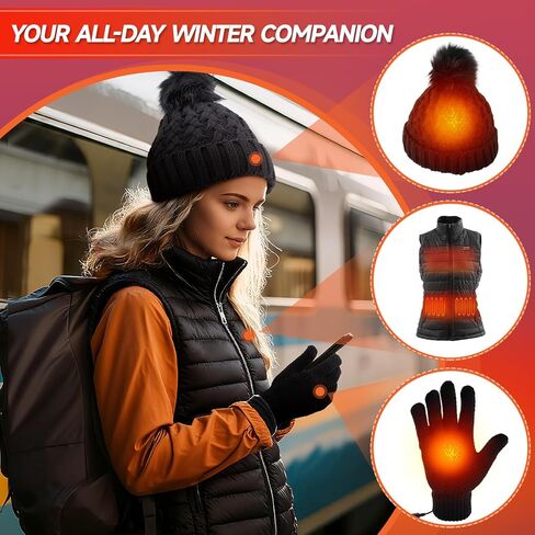 3 Pcs Women Heated Vest Hat and Gloves Set, Electric Rechargeable Warmer Beanie Jacket, Battery Not Included in Saudi Arabia