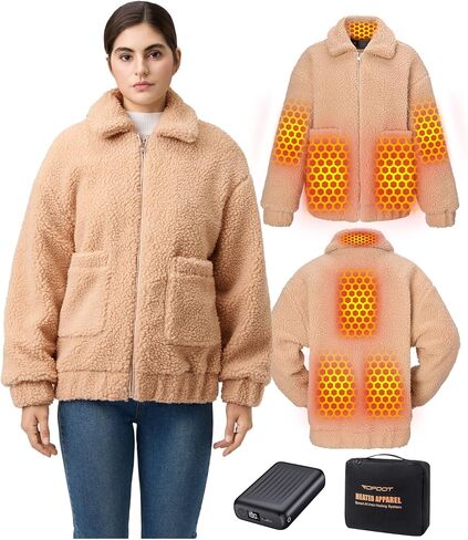 Topdot Graphene Sherpa Heated Jacket for Women with 18400mAh 12V Battery pack, Fleece Faux Jackets with 8 Heating Zones in Saudi Arabia