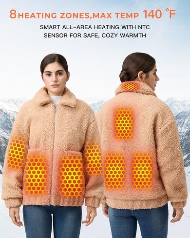 Topdot Graphene Sherpa Heated Jacket for Women with 18400mAh 12V Battery pack, Fleece Faux Jackets with 8 Heating Zones in Saudi Arabia