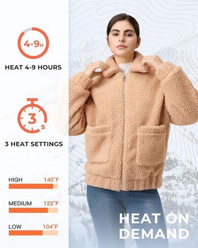 Topdot Graphene Sherpa Heated Jacket for Women with 18400mAh 12V Battery pack, Fleece Faux Jackets with 8 Heating Zones in Saudi Arabia