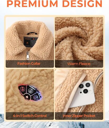 Topdot Graphene Sherpa Heated Jacket for Women with 18400mAh 12V Battery pack, Fleece Faux Jackets with 8 Heating Zones in Saudi Arabia