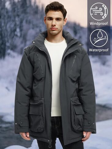 Men's Winter Coats Warm Water Resistant Puffy Hooded Windbreaker Insulated Parka Jackets with Removable Hood in Saudi Arabia