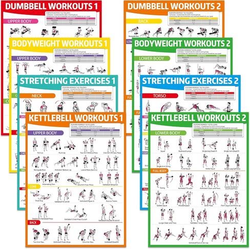 gisgfim 8PCS Workout Posters for Home Gym Dumbbells, Bodyweight, Stretching, Kettlebell Exercise Chart Full Body Fitness Workout Poster Set Muscle Engagement Chart Garage DecorGym Accessories in Saudi Arabia