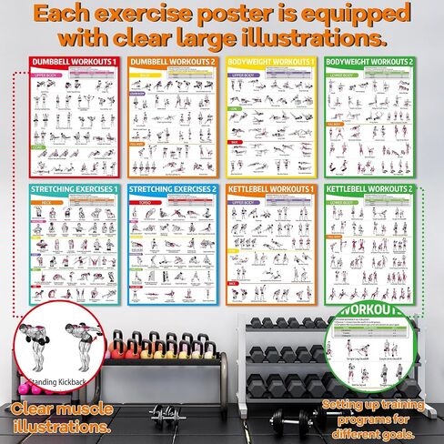 gisgfim 8PCS Workout Posters for Home Gym Dumbbells, Bodyweight, Stretching, Kettlebell Exercise Chart Full Body Fitness Workout Poster Set Muscle Engagement Chart Garage DecorGym Accessories in Saudi Arabia