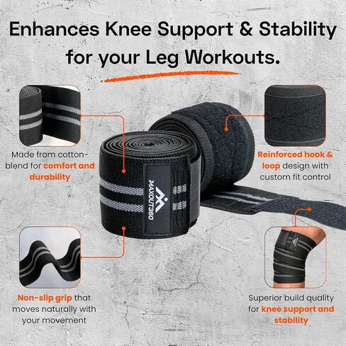 Knee Wraps for Weightlifting (Pair), 78 Inch Cotton Knee Wrap for Squats, Leg Wraps Workouts & Powerlifting with Leg Wrap Providing Compression & Elastic Support, Black in Saudi Arabia