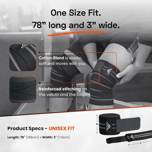 Knee Wraps for Weightlifting (Pair), 78 Inch Cotton Knee Wrap for Squats, Leg Wraps Workouts & Powerlifting with Leg Wrap Providing Compression & Elastic Support, Black in Saudi Arabia