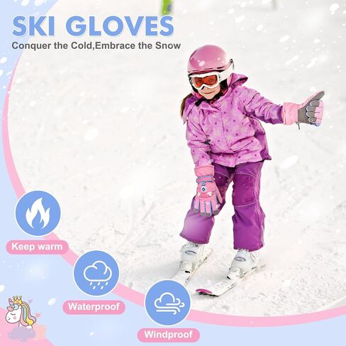 قفازات تزلج للأطفال تعمل باللمس، قفازات ثلج شتوية مقاومة للماء مع قبضة، تصميم وحش وحيد القرن، مشبك مضاد للخسارة للأولاد والبنات in Saudi Arabia