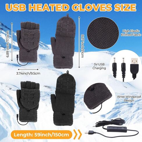 JaGely 2 Pairs USB Heated Gloves for Men and Women, 3 Temp Adjustable Full & Half Fingerless Washable for Work Typing Computer Hiking Indoor Outdoor Heated Gloves for Women in Saudi Arabia