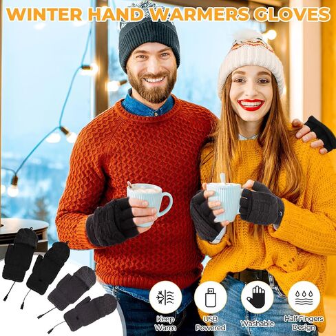 JaGely 2 Pairs USB Heated Gloves for Men and Women, 3 Temp Adjustable Full & Half Fingerless Washable for Work Typing Computer Hiking Indoor Outdoor Heated Gloves for Women in Saudi Arabia