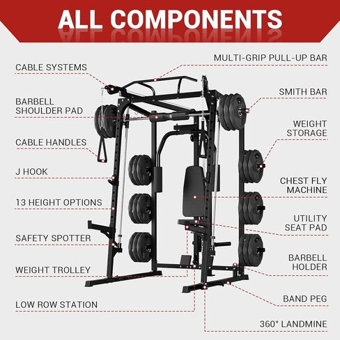 GarveeLife Smith Machine, 2000LBS Squat Rack for Home Gym, Multi-Function Power Cage Cable Crossover System Strength Training Equipment, Lat Pulldown Machines with 8 Weight Storage Pin, T-Bar and More in Saudi Arabia