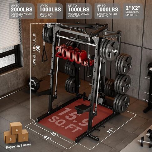 GarveeLife Smith Machine, 2000LBS Squat Rack for Home Gym, Multi-Function Power Cage Cable Crossover System Strength Training Equipment, Lat Pulldown Machines with 8 Weight Storage Pin, T-Bar and More in Saudi Arabia