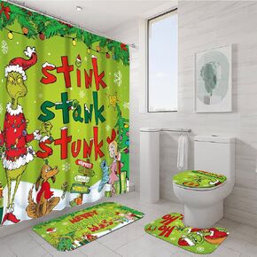 4 Pcs Christmas Shower Curtain Sets, Toilet Lid Cover and Non-Slip U Shape Bath Mat, Christmas Bathroom Decor Xmas Holiday Home Decor in Kuwait