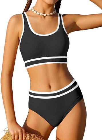 Girls Swimsuit Double Strap High Waist Sporty Bikini Swimsuits Swim Cover Up Skirt 3 Piece Set in Kuwait