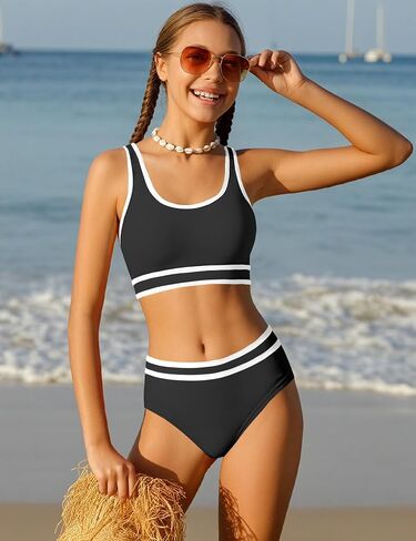 Girls Swimsuit Double Strap High Waist Sporty Bikini Swimsuits Swim Cover Up Skirt 3 Piece Set in Kuwait
