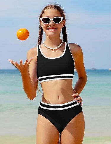 Girls Swimsuit Double Strap High Waist Sporty Bikini Swimsuits Swim Cover Up Skirt 3 Piece Set in Kuwait
