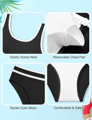 Girls Swimsuit Double Strap High Waist Sporty Bikini Swimsuits Swim Cover Up Skirt 3 Piece Set in Kuwait