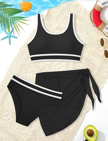 Girls Swimsuit Double Strap High Waist Sporty Bikini Swimsuits Swim Cover Up Skirt 3 Piece Set in Kuwait