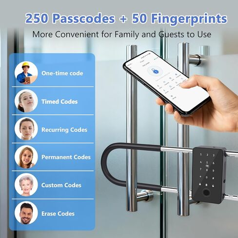 Long Shackle Padlock U Lock Bike Gate Combo U-Lock Adjustable Shackle, Lock with Fingerprint, Keypad Code, App Control, Auto Lock- Suitable for Bicycles, Glass Doors in Saudi Arabia