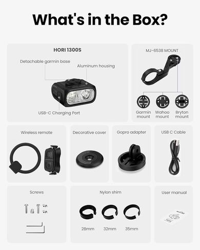 مصباح أمامي للدراجة Magicshine HORI1300S، متوافق مع Garmin/Wahoo، ضوء أمامي عالي ومنخفض 1300 لومن، قابل لإعادة الشحن عبر USB-C، مقاوم للماء IPX6 للركوب الليلي وركوب الدراجات في المناطق الحضرية in Saudi Arabia