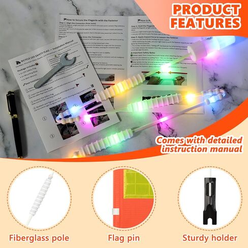 علم سلامة الدراجة LED عاكس 5.5 قدم مضاء علم سلامة الدراجة مع عمود من الألياف الزجاجية LED شديد التحمل مقاوم للتمزق مقاوم للماء راية برتقالية لكارت ترايك دراجة ترايك سكوتر التنقل كاياك (برتقالي) in Kuwait