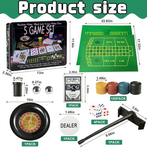 5 in 1 Professional Roulette Wheel Set, 10-inch Gambling Wheel, with 100 Chips, 3 Different Game Table Mats, Rake and Ball, Casino Games Suitable for Roulette and Texas Hold'em in Saudi Arabia