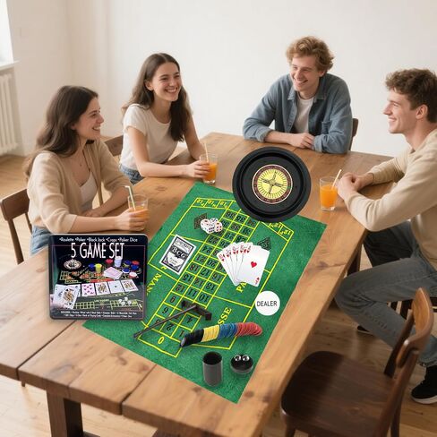 5 in 1 Professional Roulette Wheel Set, 10-inch Gambling Wheel, with 100 Chips, 3 Different Game Table Mats, Rake and Ball, Casino Games Suitable for Roulette and Texas Hold'em in Saudi Arabia