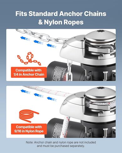 VEVOR Fishing Windlass, 12V DC 1100W, Windlass Anchor Systems Fit for 1/4-Inch Chain or 9/16 & 5/8 Inch Nylon Rope, Max Pull 700 lbs, 316 Stainless Steel Construction, for Boats 20-36 ft in Kuwait
