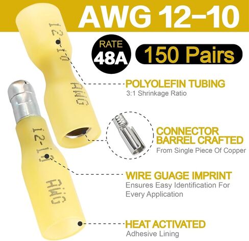 150 Pairs Heat Shrink Bullet Connectors,12-10 Gauge Wire Butt Waterproof Quick Disconnect Male & Female Electrical Butt Terminals Kit for Automotive,Boat,Marine Wiring & DIY Wire Repair in Saudi Arabia