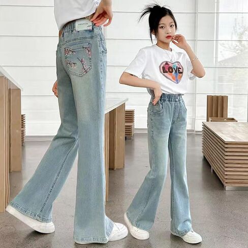 Bow Jeans for Girls Wide Leg Baggy Denim Pants Cute High Waisted Trousers Fashion Y2k Streetwear with Pockets 6-14Y in Saudi Arabia