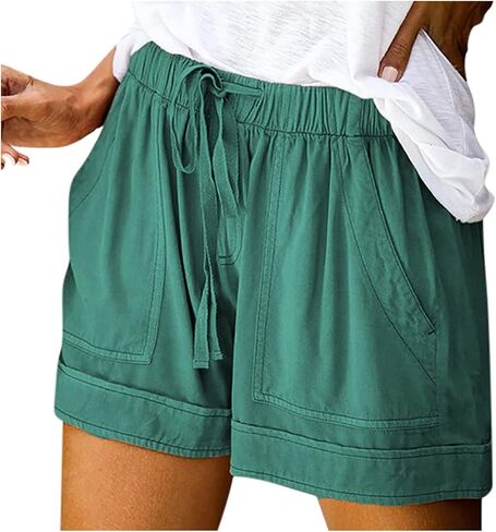 Summer Shorts for Women Cotton Linen Casual Drawstring Elastic Waist Wide Leg Shorts Flowy Beach Pants with Pockets in Saudi Arabia