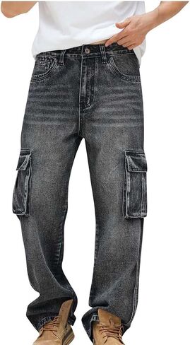 Vintage Jeans Cargo Pants for Men Baggy Wide Leg Jeans Straight Casual Denim Pants Loose Fit Relaxed Tall Trousers in Saudi Arabia