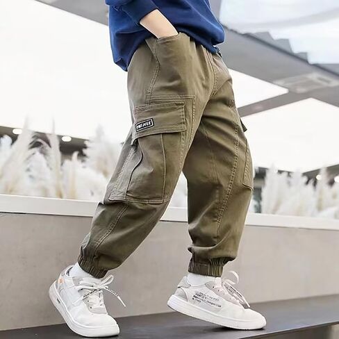 Boys Cargo Joggers Pants Casual Relaxed Fit Trousers Trendy Comfy Sweatpants Wide Leg Classic Pant with Pockets in Saudi Arabia