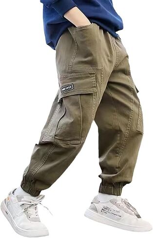 Boys Cargo Joggers Pants Casual Relaxed Fit Trousers Trendy Comfy Sweatpants Wide Leg Classic Pant with Pockets in Saudi Arabia
