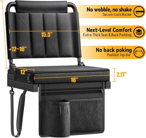 مقاعد ملعب مُدفأة مع دعم خلفي للمبيض، مقعد وسادة سميك قابل للحمل بخمسة زوايا وارتفاع قابل للتعديل مع حقيبة تخزين حامل أكواب، يتضمن حزام الكتف، يستخدم للأحداث الرياضية والحفلات الموسيقية in Kuwait