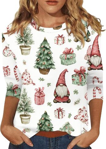 COTECRAM المرأة عادية 3/4 طول الأكمام بلايز العصرية قمصان فضفاضة Crewneck مطبوعة بلوزة لطيف الجرافيك تيز الستر in Kuwait
