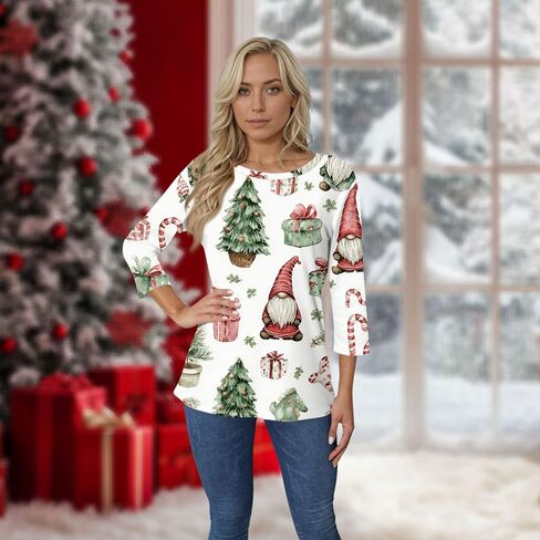 COTECRAM المرأة عادية 3/4 طول الأكمام بلايز العصرية قمصان فضفاضة Crewneck مطبوعة بلوزة لطيف الجرافيك تيز الستر in Kuwait
