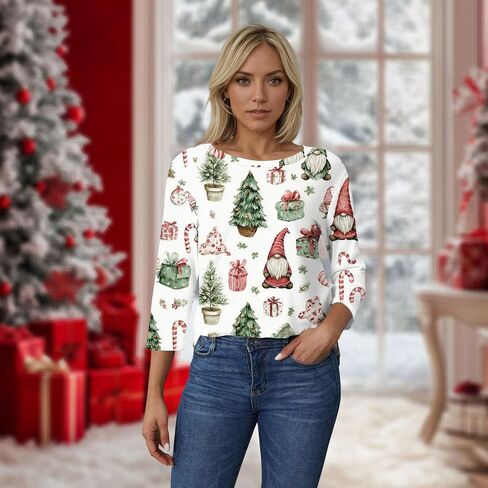 COTECRAM المرأة عادية 3/4 طول الأكمام بلايز العصرية قمصان فضفاضة Crewneck مطبوعة بلوزة لطيف الجرافيك تيز الستر in Kuwait