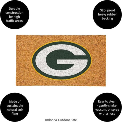 ممسحة أرجل من ألياف جوز الهند الطبيعية من فريق سبورتس أمريكا NFL Green Bay Packers | شعار الفريق الرسمي بالألوان الكاملة | 28 × 16 بوصة | عدم الانزلاق مرة أخرى | سجادات أرضية ترحيب للباب الأمامي | ديكور منزلي لمدخل داخلي وخارجي in Saudi Arabia